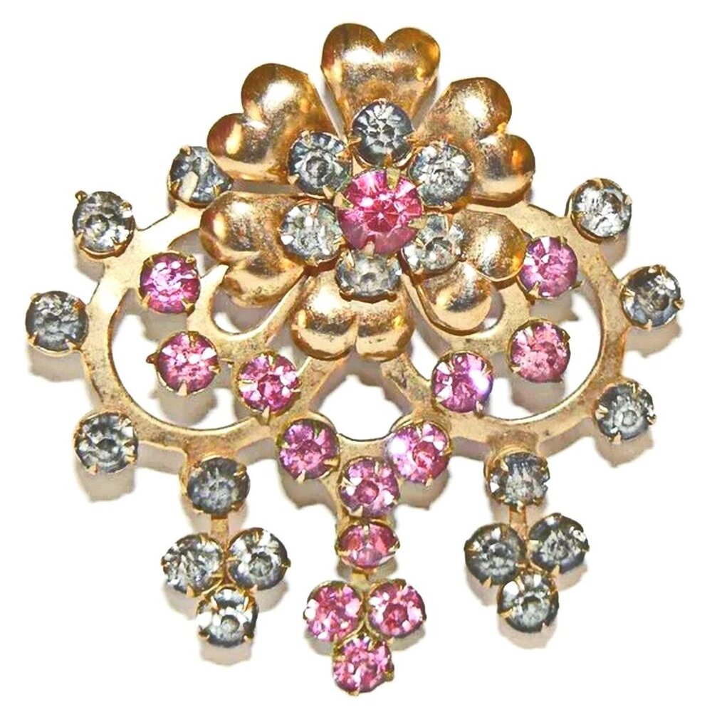 Unique Vintage Rhinestone Gold Plated Brooch